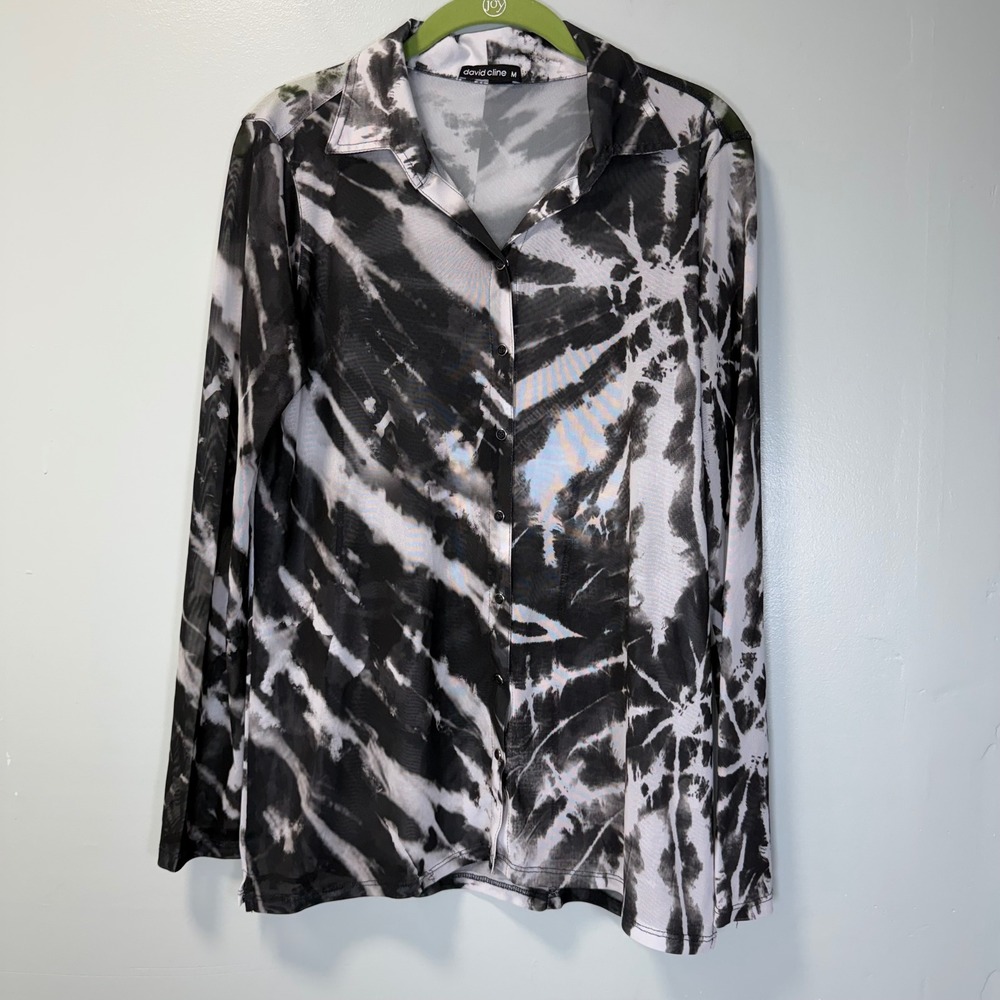 David Cline Womens Black White Tie Dye Mesh Button Down Long Sleeve Top M USA